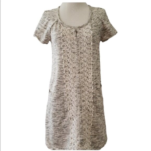Anthropologie Lilka Heathered grey t-shirt  dress midline crochet detail pockets - Picture 2 of 16